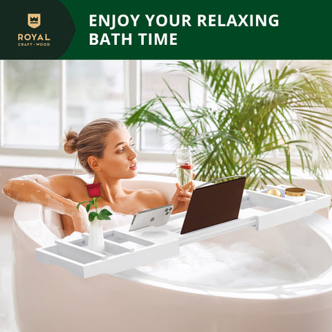 Tray holds candles and a glass of wine on the ROYAL CRAFT WOOD bathtray.