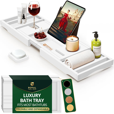 ROYAL CRAFT WOOD bathtray extended to fit large tubs, ideal for a luxurious soak.