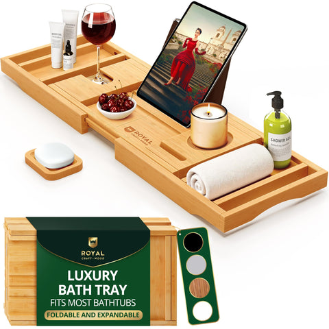 Royal Craft Wood bath tray extended width to fit large tubs for comfortable soaking.
