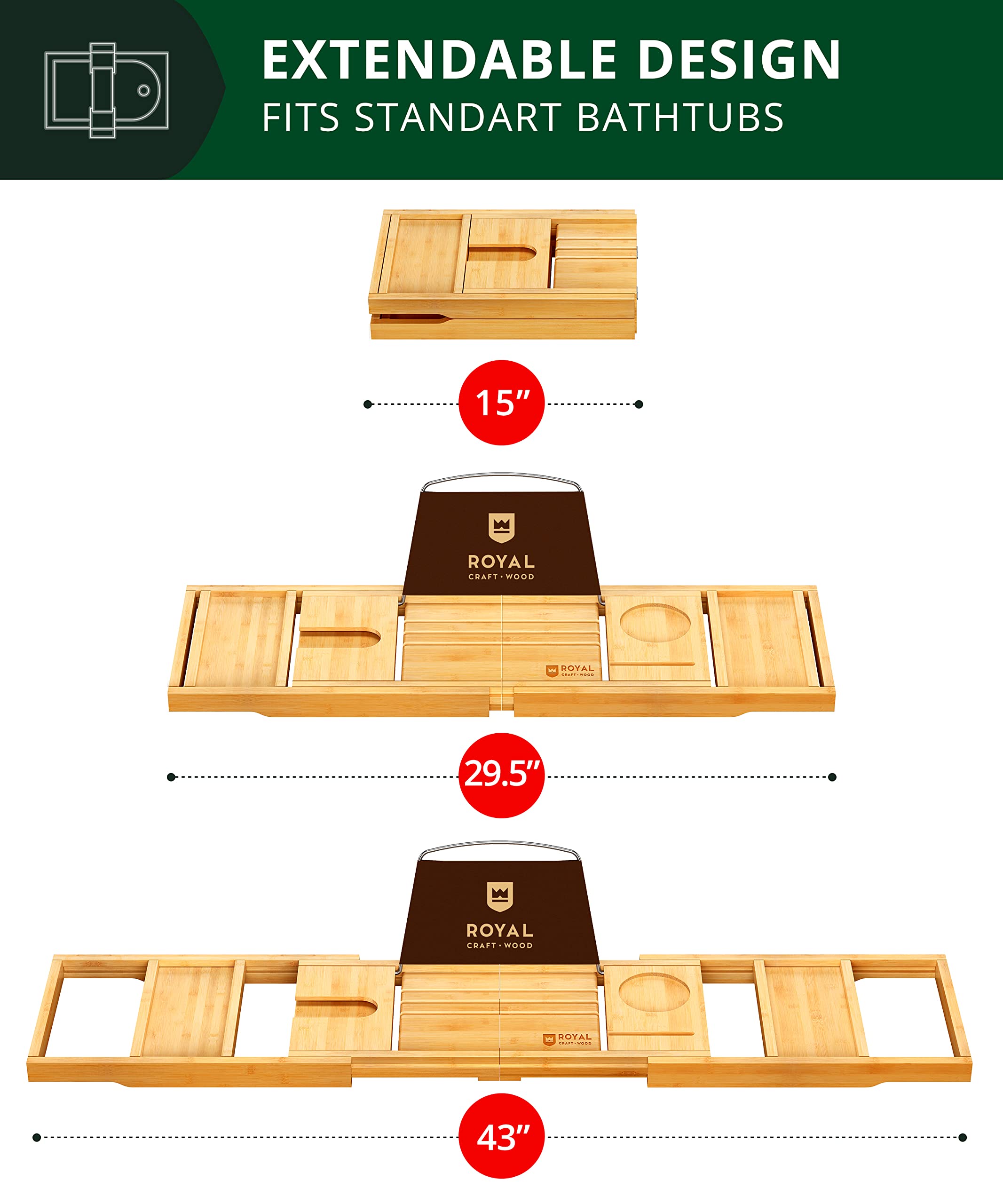 Royal Craft Wood bath tray with phone/tablet slot for hands-free viewing.