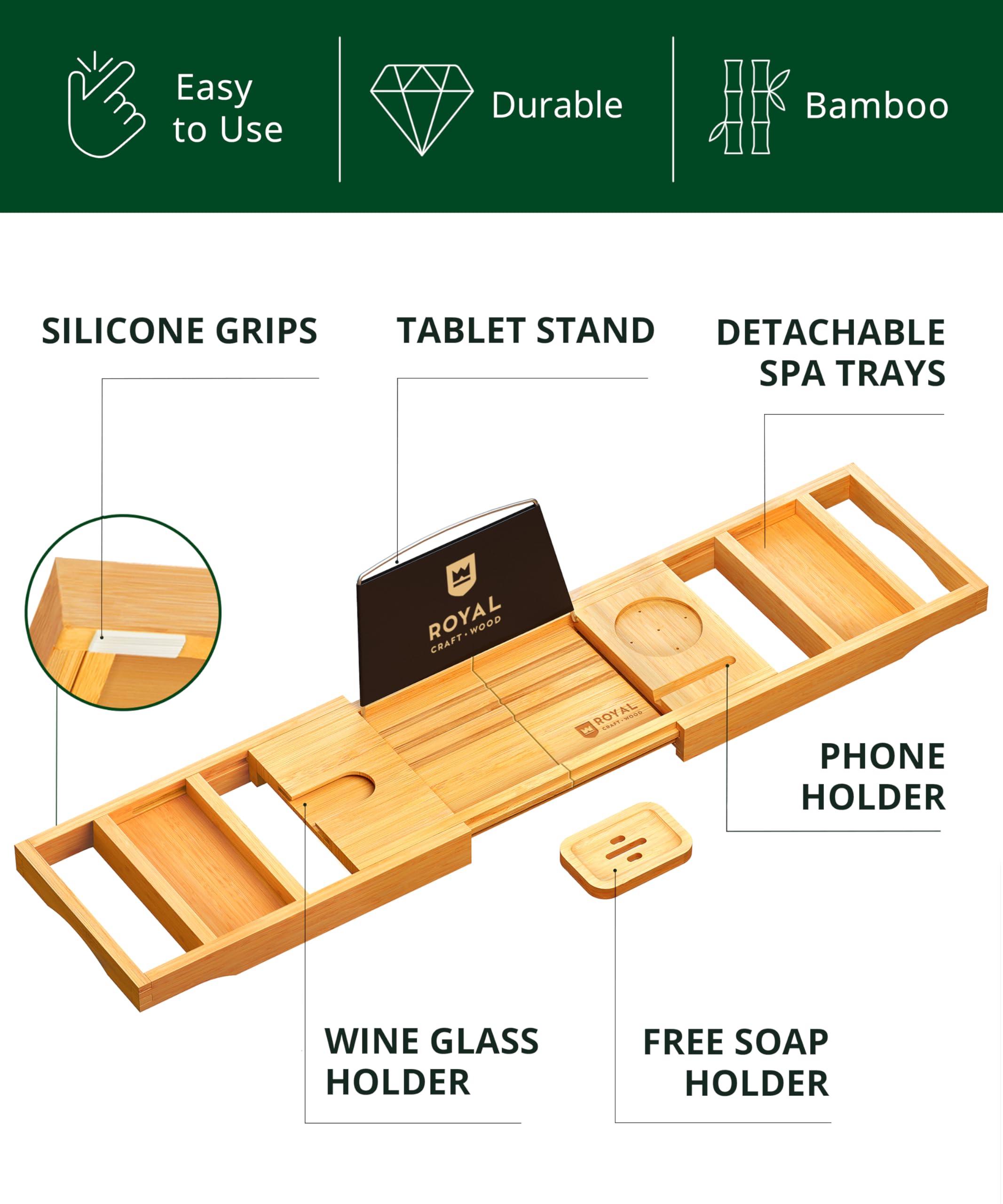 Royal Craft Wood removable spa trays for extra storage and organization.