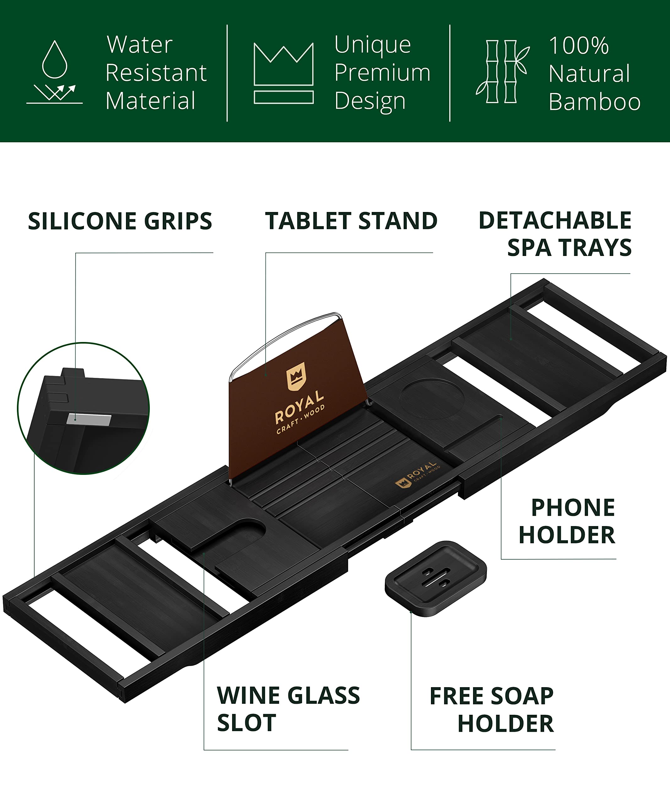 ROYAL CRAFT WOOD bathtray table with book holder keeps reading material within reach.
