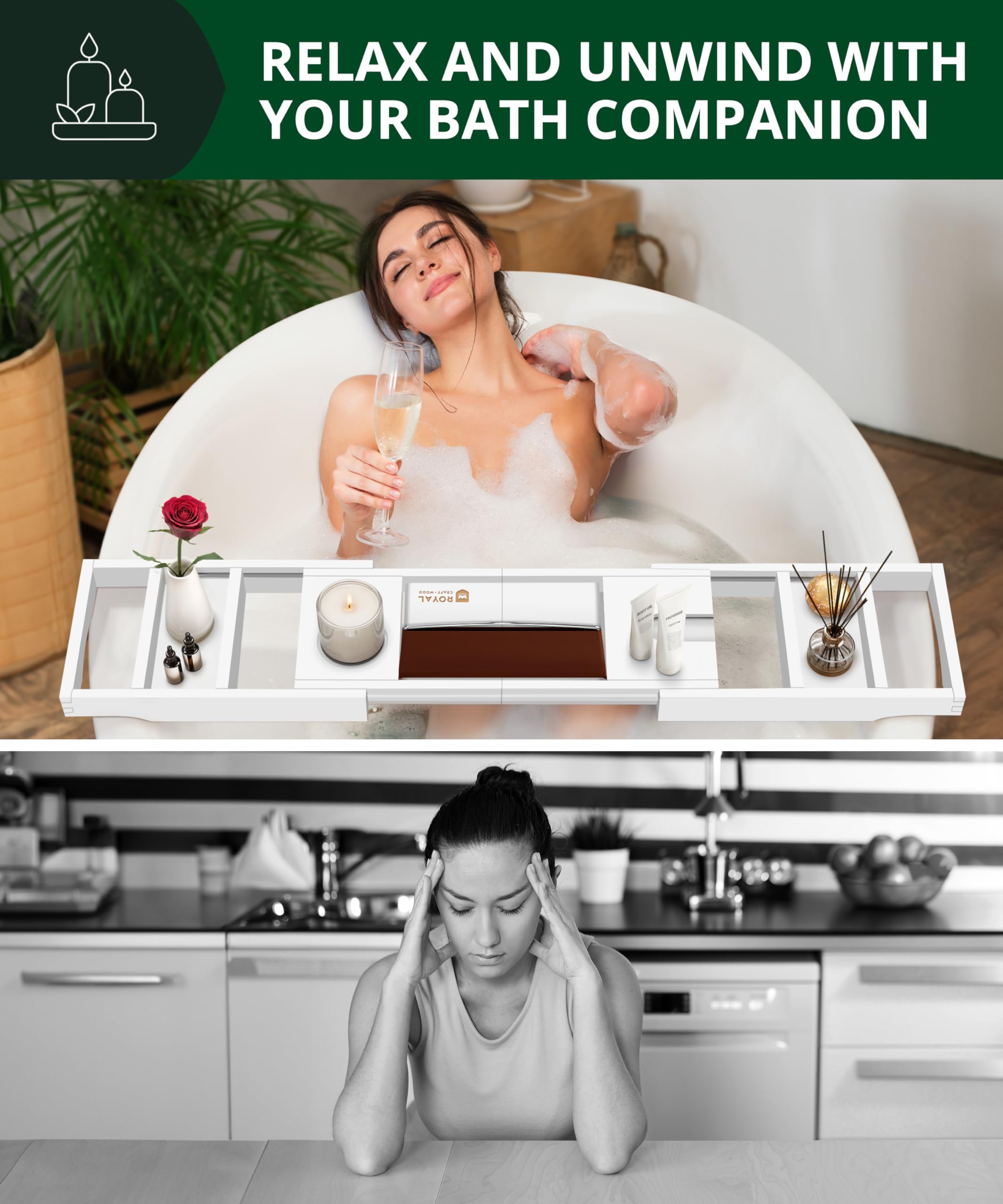 Water-resistant coating protects the ROYAL CRAFT WOOD bathtray during baths.