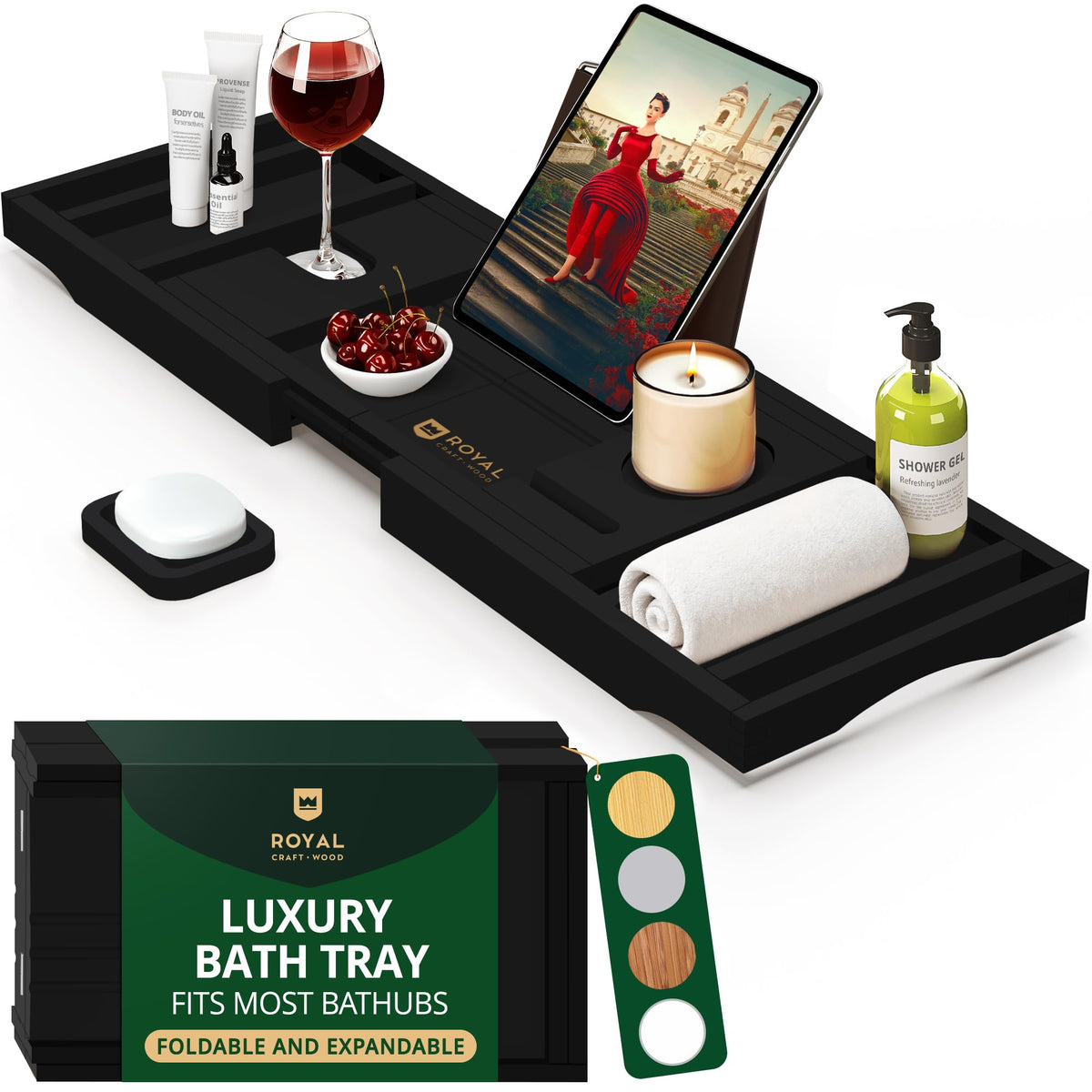 ROYAL CRAFT WOOD bathtub tray extendable 29.5–43 inches for a customizable tub setup.