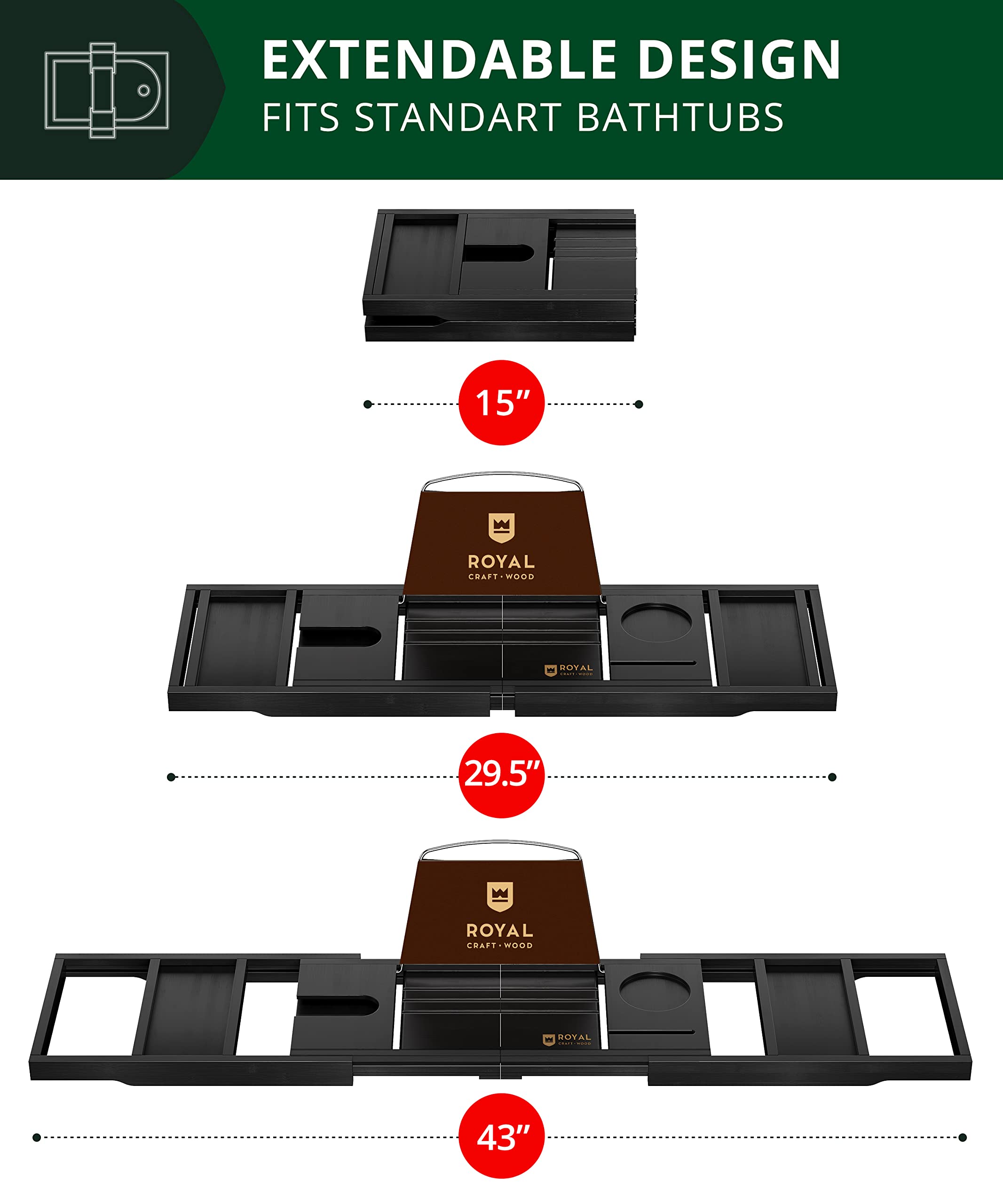 ROYAL CRAFT WOOD tub tray with silicone feet provides stable placement on wet surfaces.