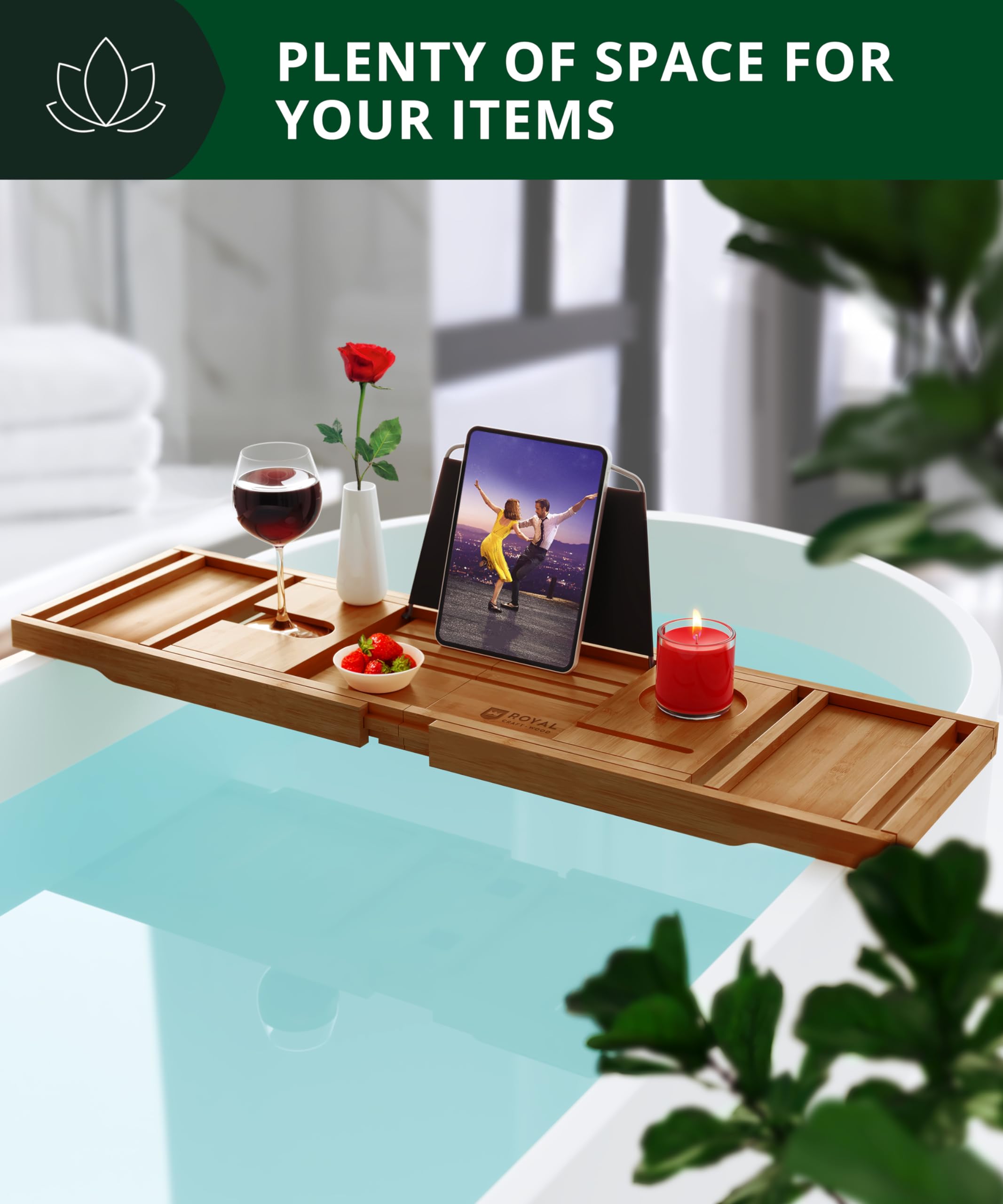 ROYAL CRAFT WOOD candle holder adds ambience for a spa-like bath.