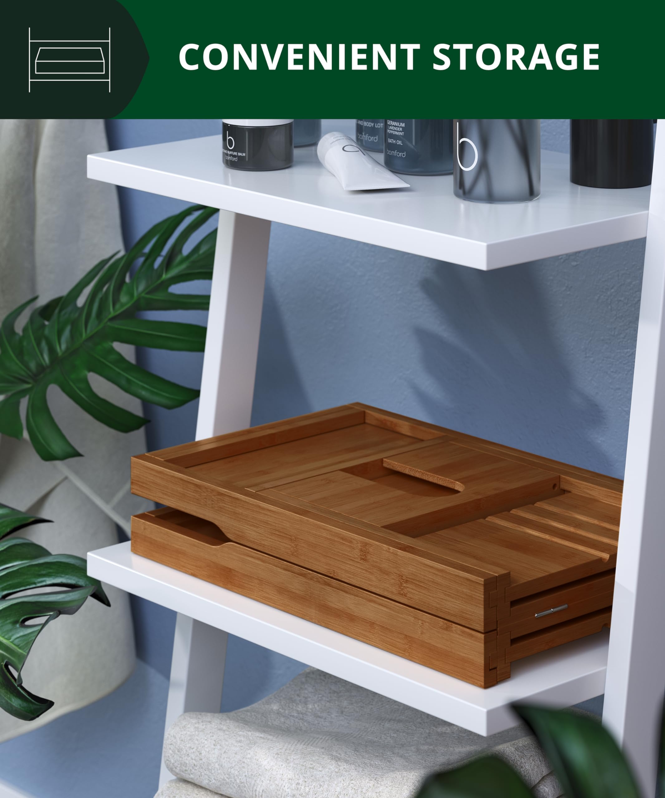 ROYAL CRAFT WOOD expandable bamboo tray with side extenders fits many tub sizes.