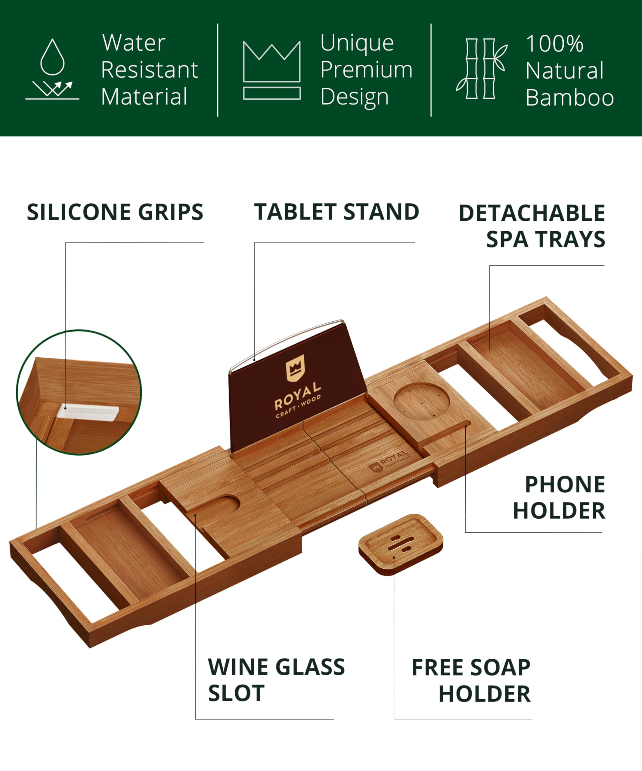 ROYAL CRAFT WOOD non-slip grips keep items secure during bath time.