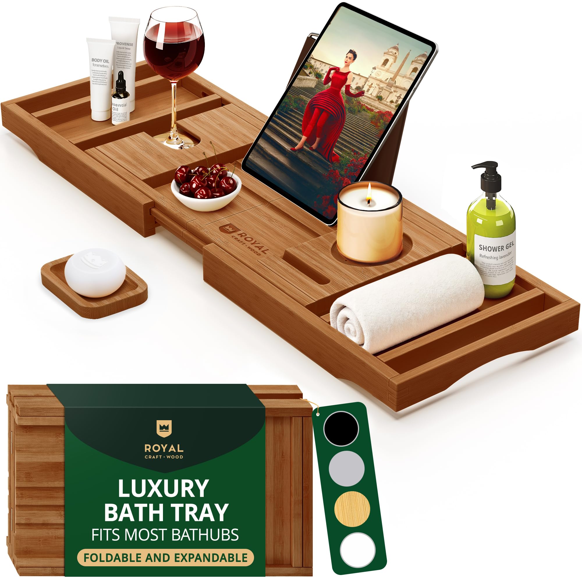ROYAL CRAFT WOOD premium foldable bathtub tray over tub edges for easy setup.