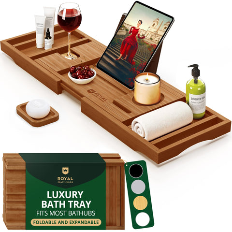 ROYAL CRAFT WOOD premium foldable bathtub tray over tub edges for easy setup.