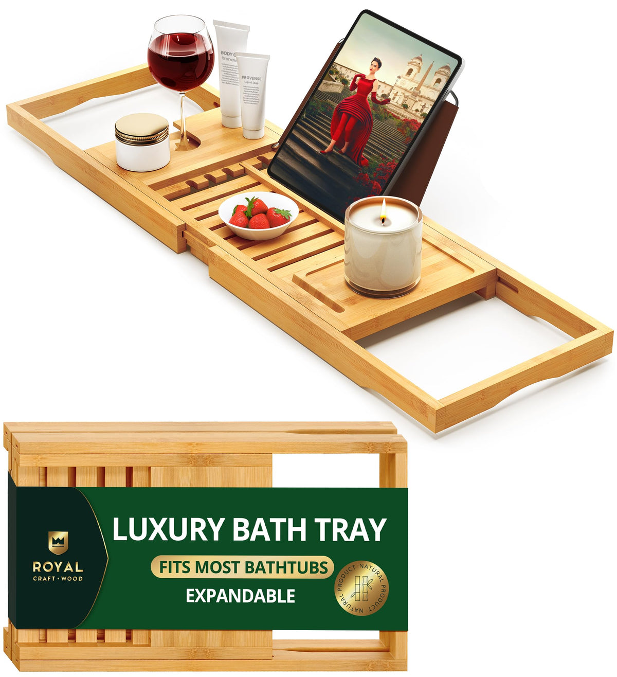 ROYAL CRAFT WOOD premium foldable bathtub tray folded for compact storage and easy handling.