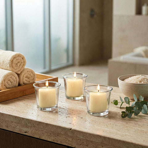 Royal Imports votive candle ivory close-up highlights clean, dripless wax and steady flame.