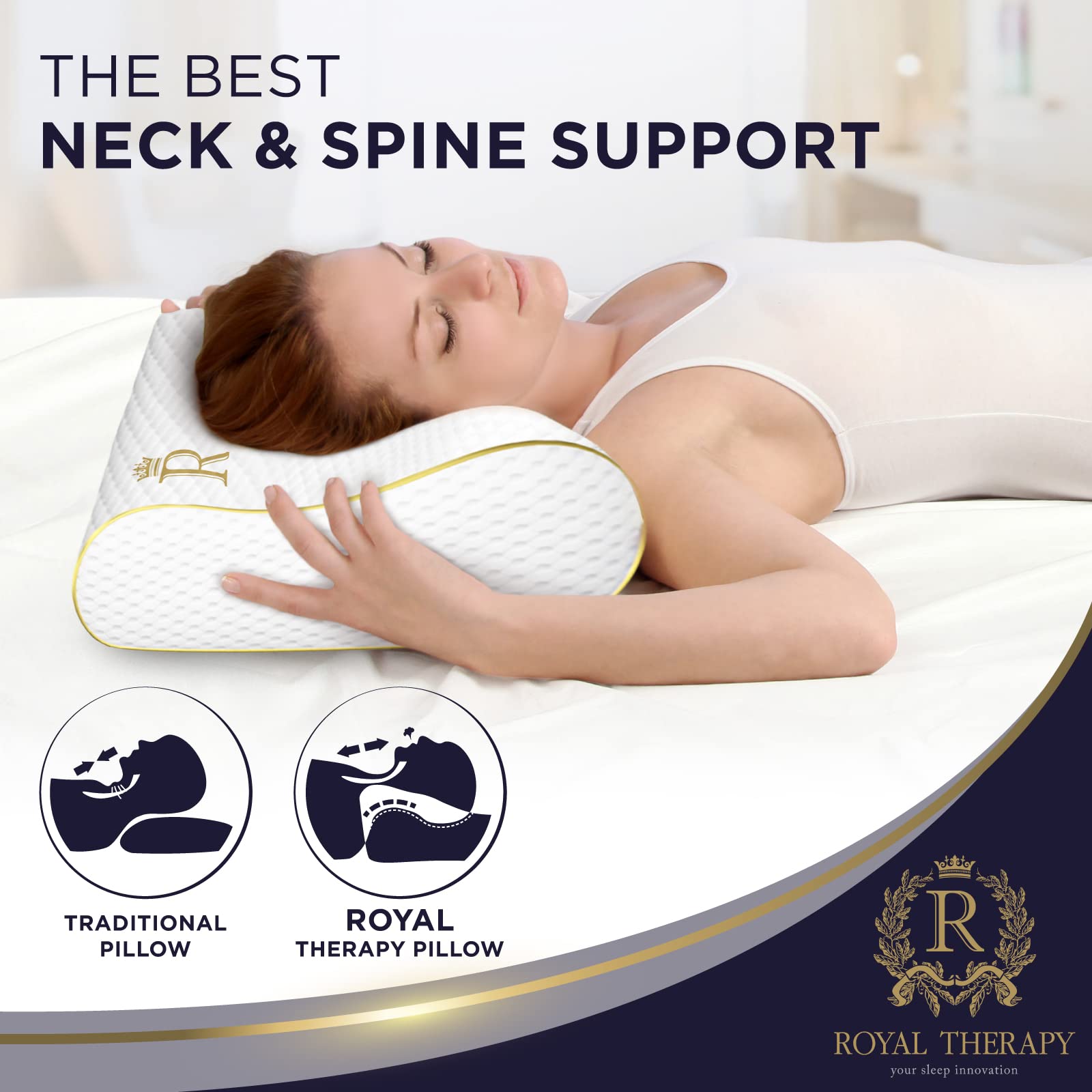 Royal Therapy King Memory Foam Pillow back-sleep profile promotes balanced neck alignment.