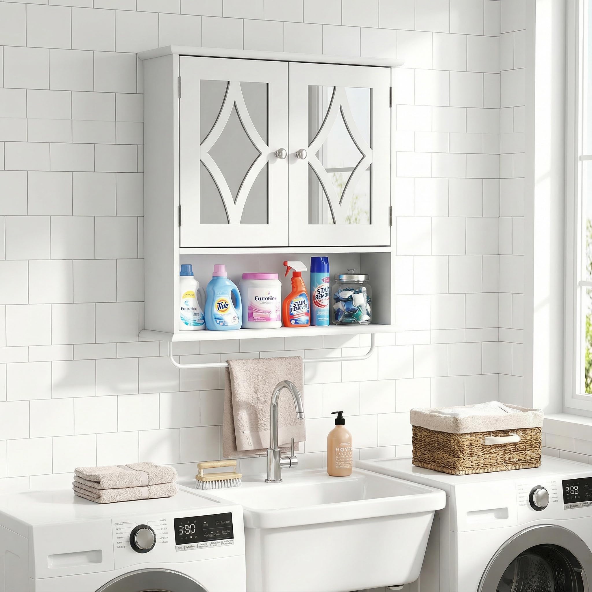 RoyalCraft two-door mirror cabinet balances aesthetics with practical concealed storage.