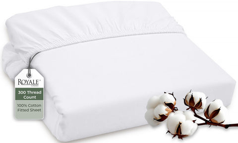 Royale Linens 300TC fitted sheet white, top view, showcasing breathable, soft cotton weave.