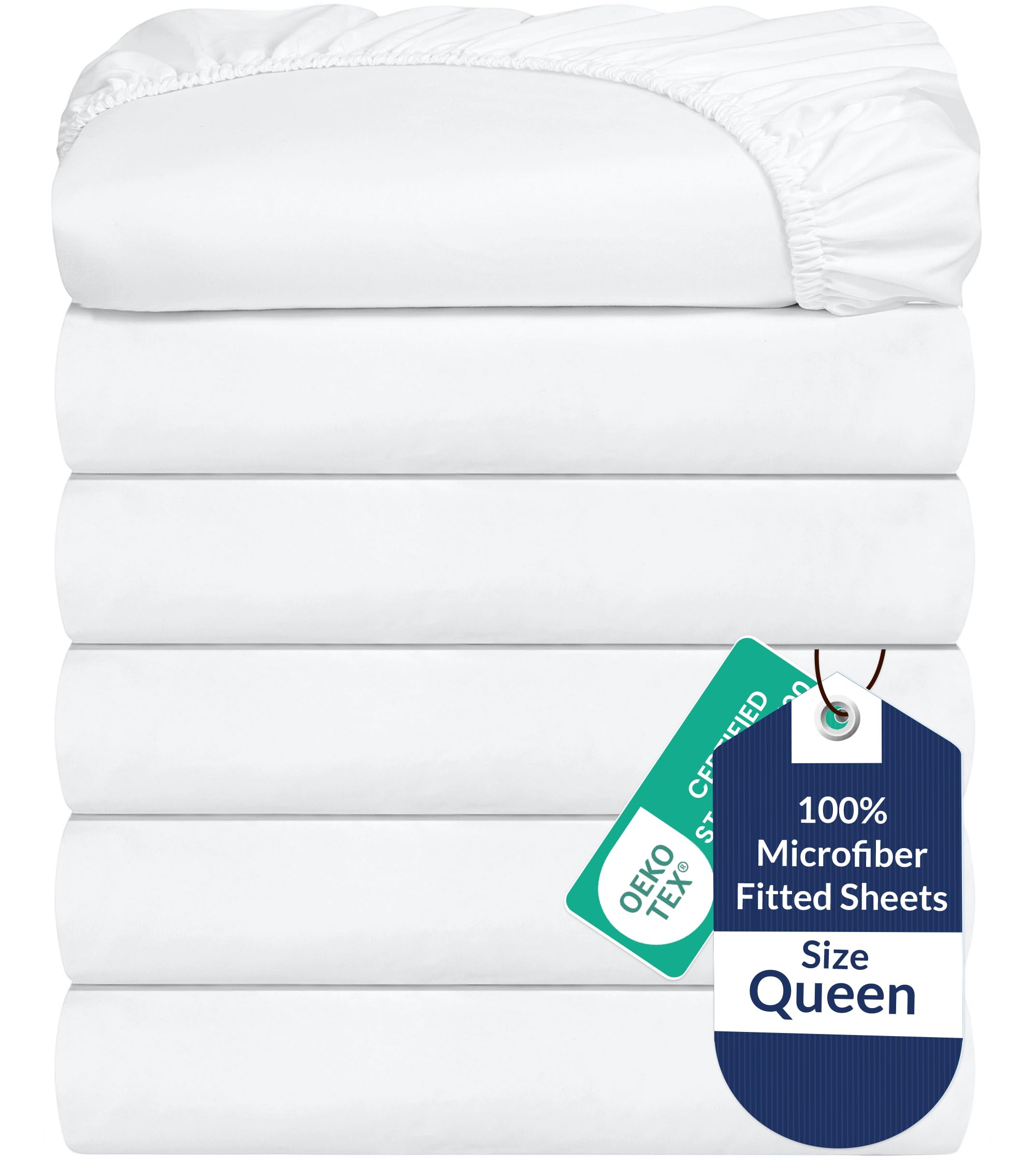 Royale Linens 6-pack queen fitted sheet set on a bed with a snug, smooth fit.