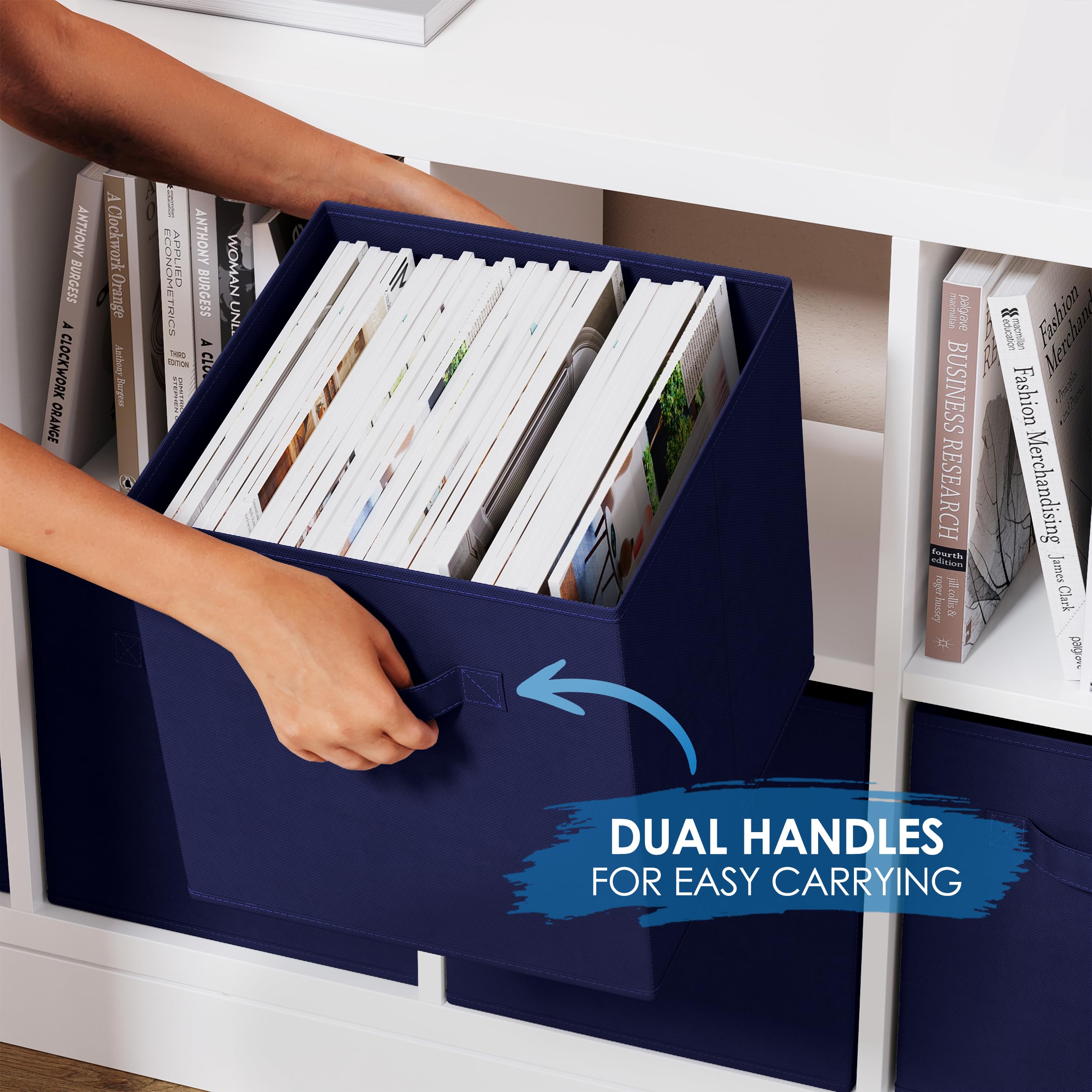 Royexe navy cube-bin for durable, stylish playroom storage.