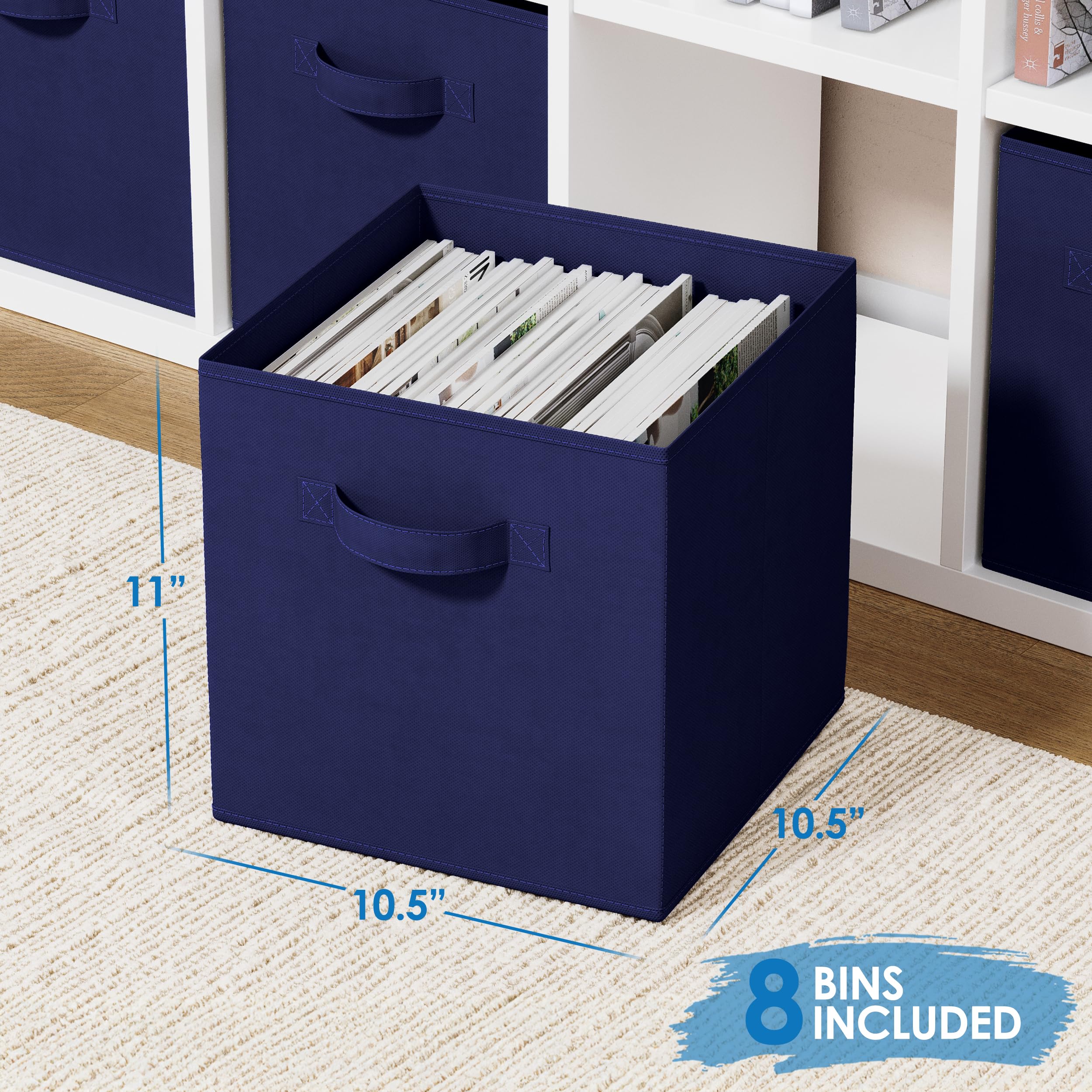 Royexe standard-size cube bin 10.5x10.5x11 for easy shelf fit.