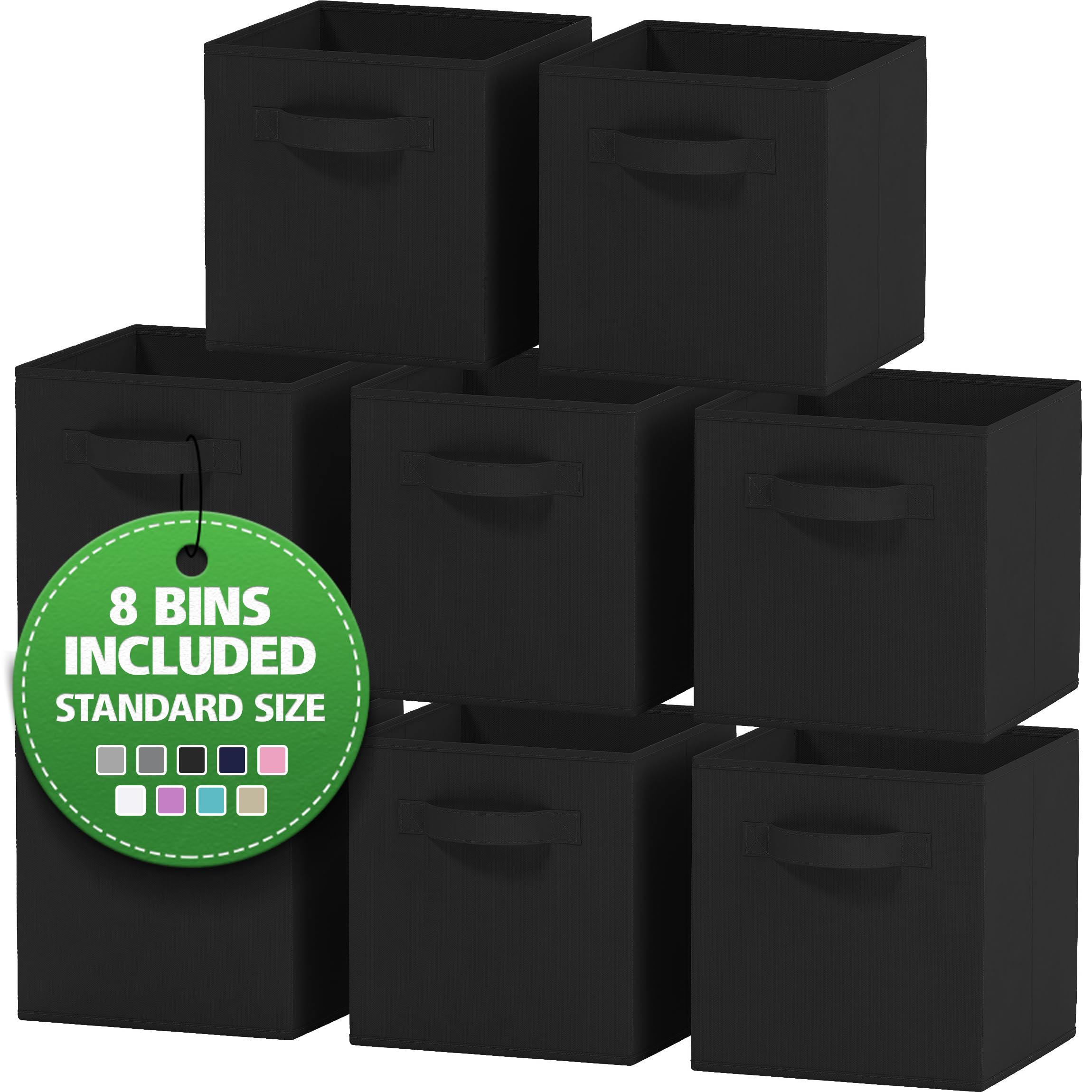 Royexe storage cubes pack of 8 black front view showing sturdy collapsible bins for shelves