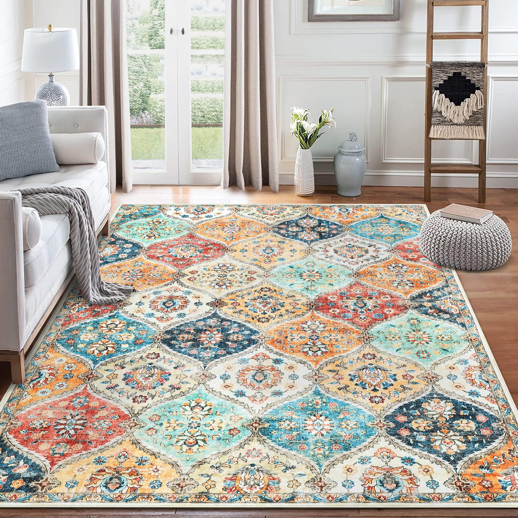 ROYHOME 8x10 rug full view showing Moroccan trellis pattern for living rooms