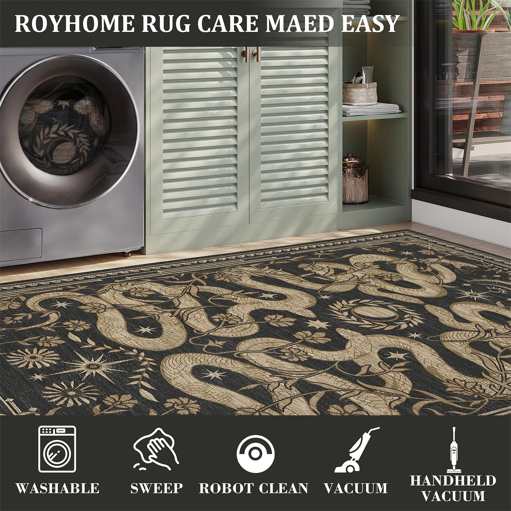 ROYHOME Forest snakes motif rug, stain-resistant and machine washable for busy households.