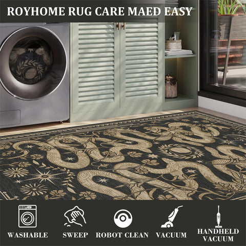 ROYHOME Forest snakes motif rug, stain-resistant and machine washable for busy households.