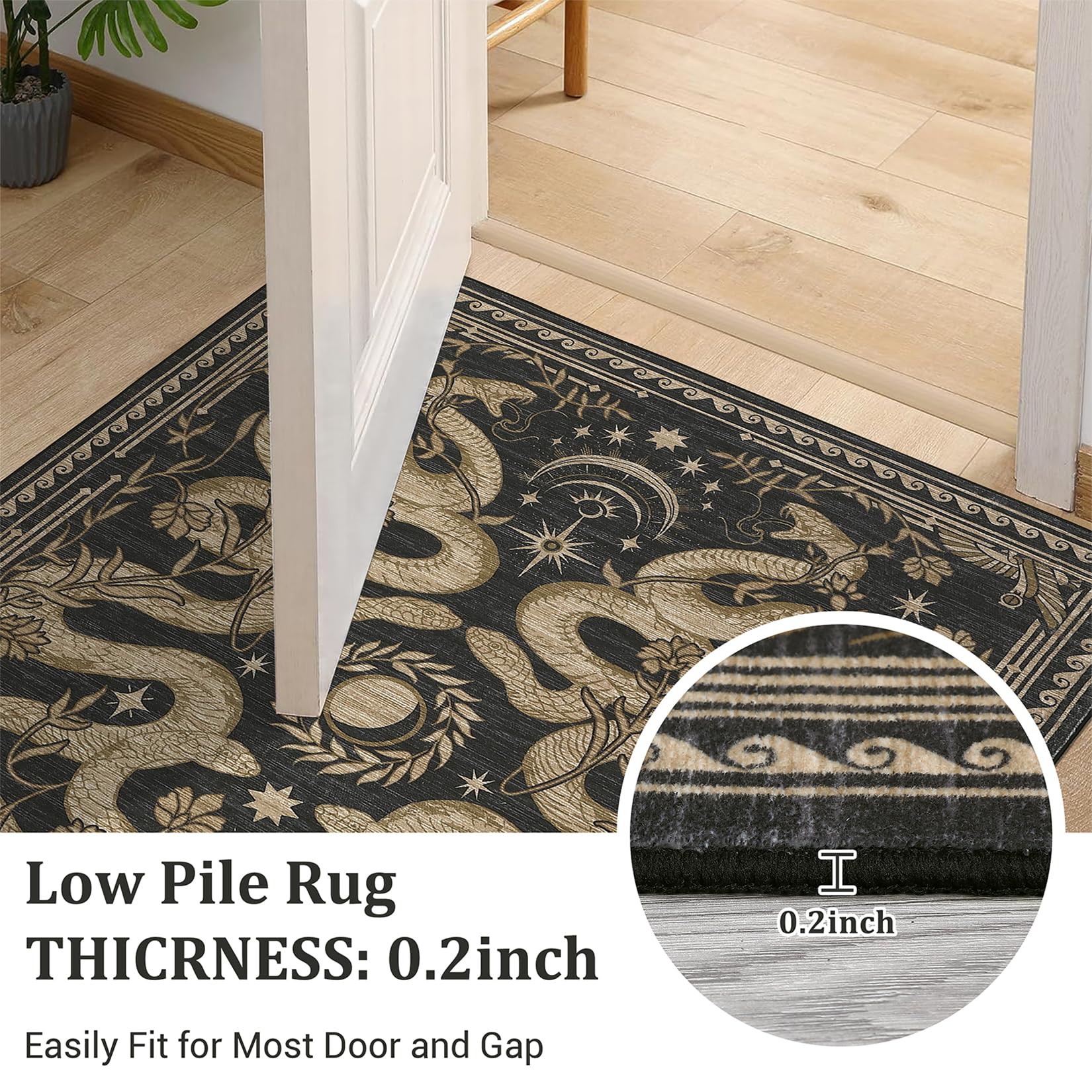 ROYHOME Low-pile rug on charcoal background, soft underfoot with secure grip.