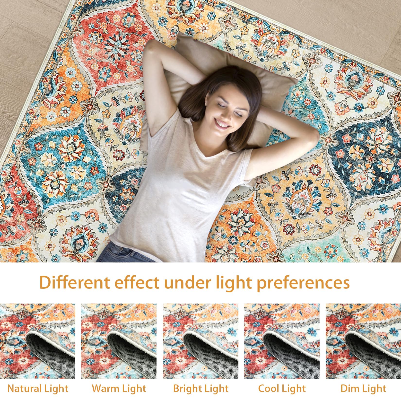 ROYHOME machine washable rug feature demonstrated for easy cleaning