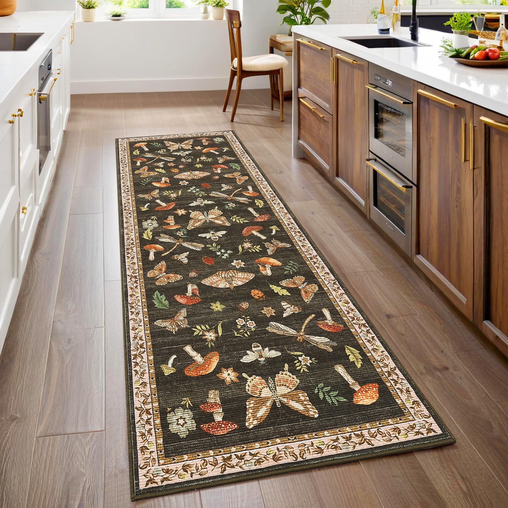 ROYHOME mushroom insert design rug adds a cheerful focal point to busy hallways.