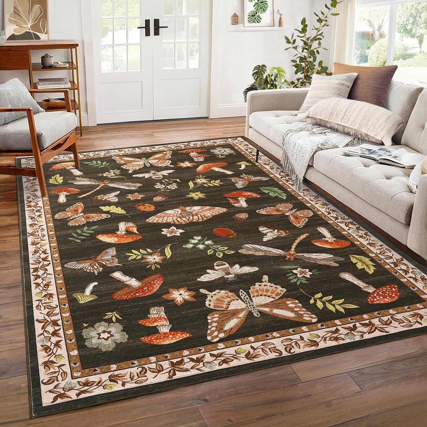 ROYHOME Mushroom Washable Rug 5x7 shows a soft brown surface ideal for high-traffic living areas.