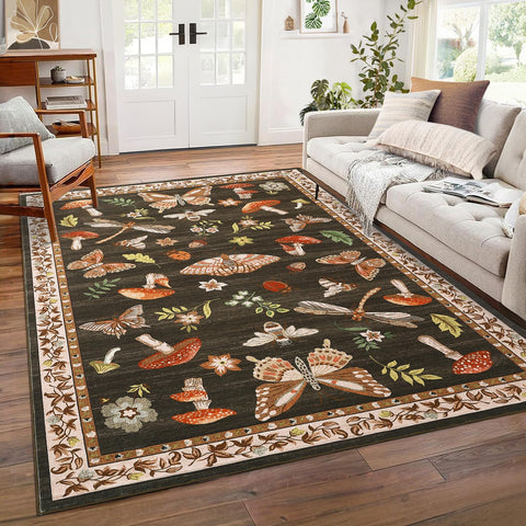 ROYHOME Mushroom Washable Rug 5x7 shows a soft brown surface ideal for high-traffic living areas.