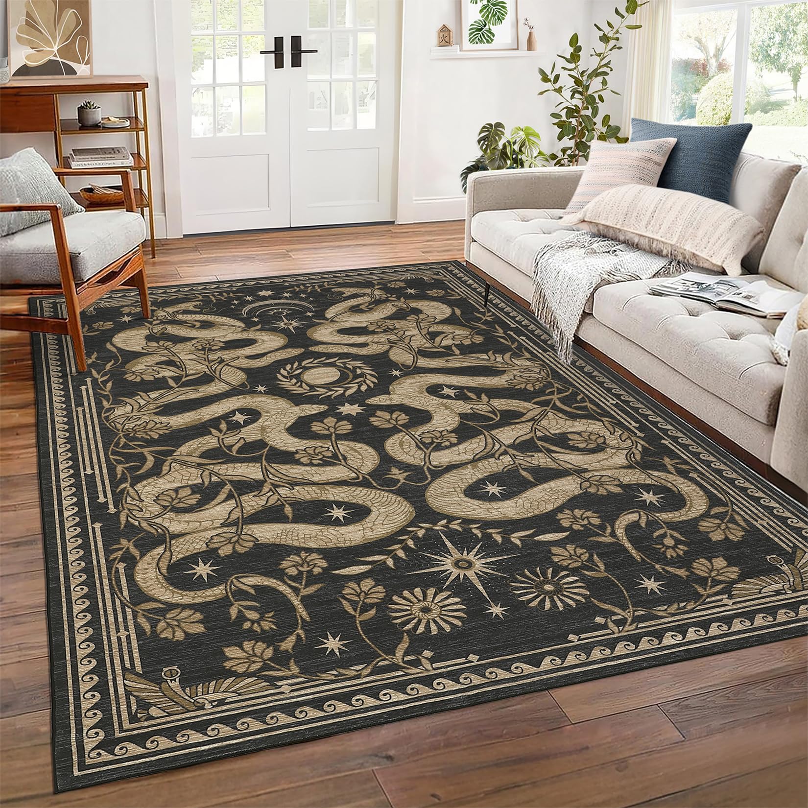 ROYHOME Snake Washable Rug 5x7 with forest design, non-slip backing for living rooms.