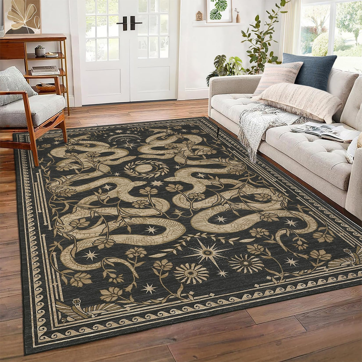 ROYHOME Snake Washable Rug 5x7 with forest design, non-slip backing for living rooms.