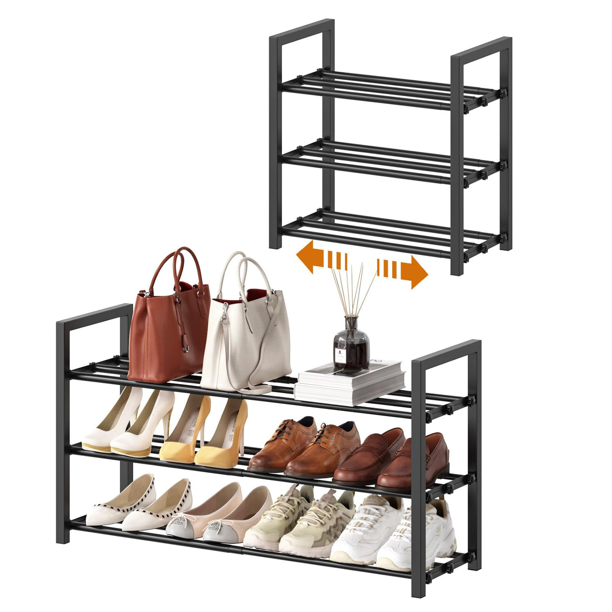 Roylvan 3-Tier Expandable shoe rack extended, fits 6–12 pairs of shoes.