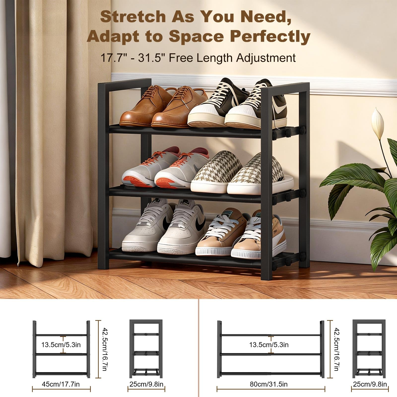 Roylvan free-standing shoe rack in dorm room saves floor space and tidy storage.