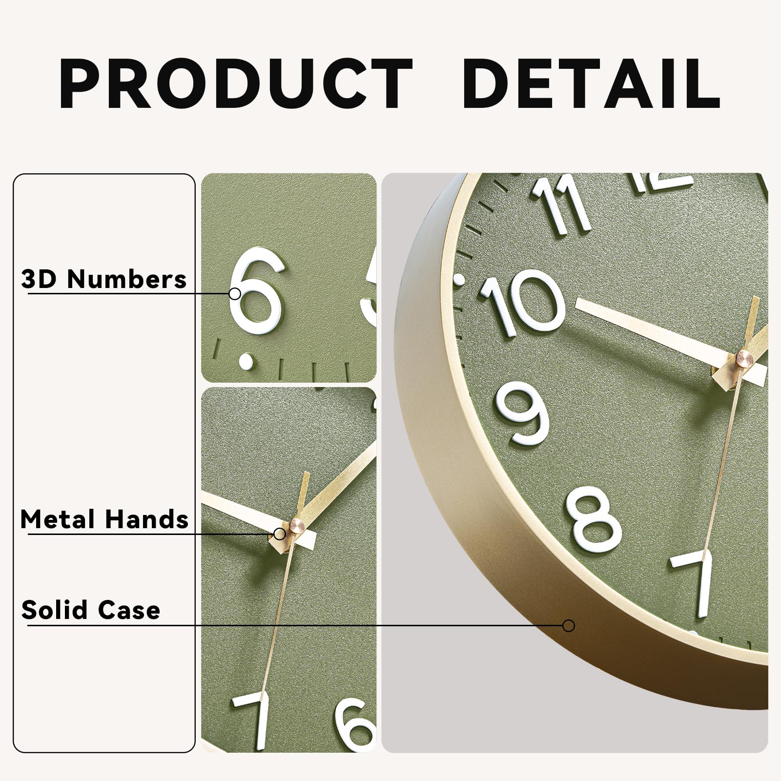 Roymnie decorative clock with green-gold finish enhances ambiance
