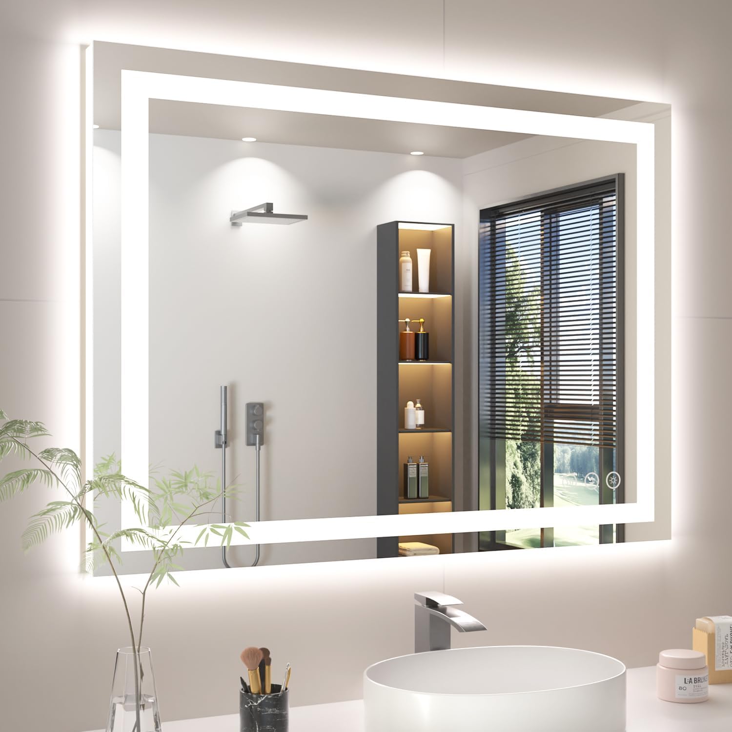 Rpoesx 40x30 LED mirror with front lighting for precise makeup application.