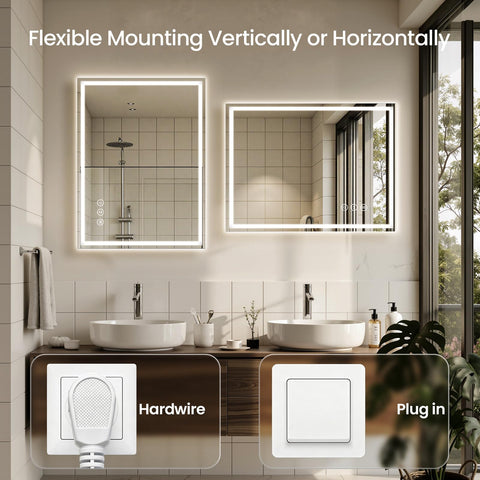 Rpoesx 40x30 LED mirror supports easy vertical or horizontal mounting.
