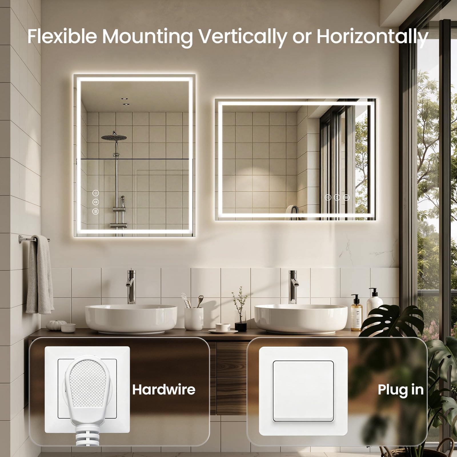 Rpoesx easy-install LED mirror supports vertical or horizontal mounting