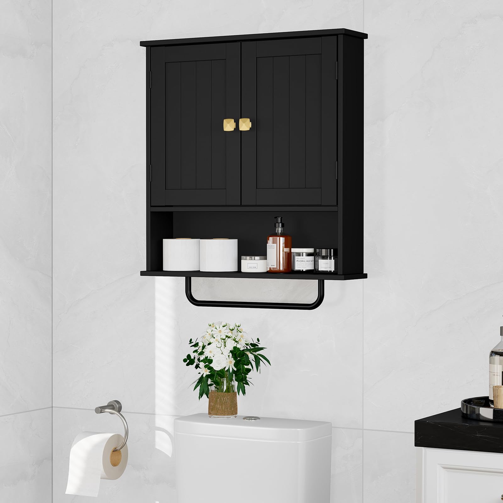 RRX over-toilet cabinet towel-bar detail enables easy access to towels