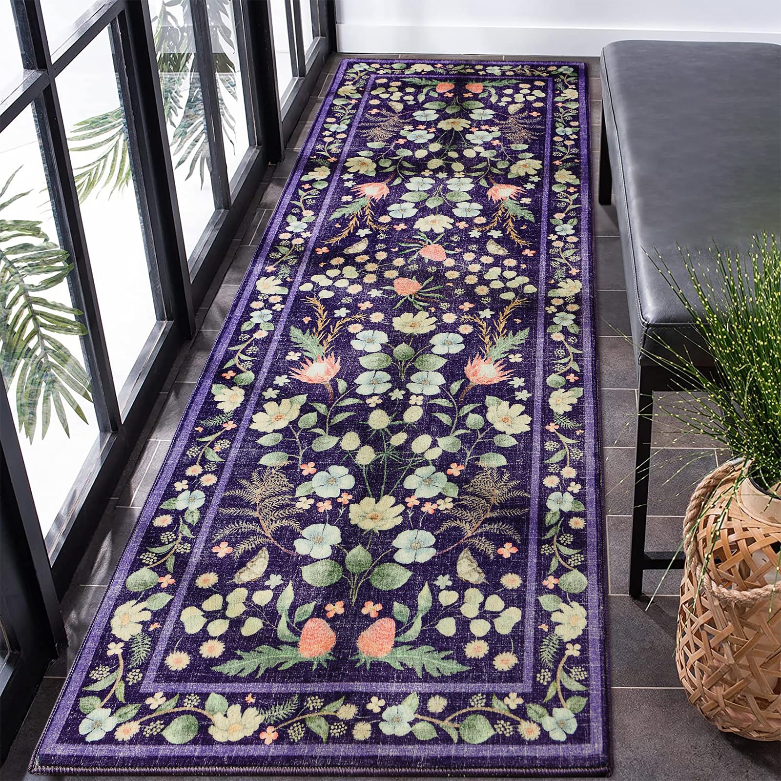 Rtizon Runner Rug with purple floral pattern; easy stain removal for busy hallways.