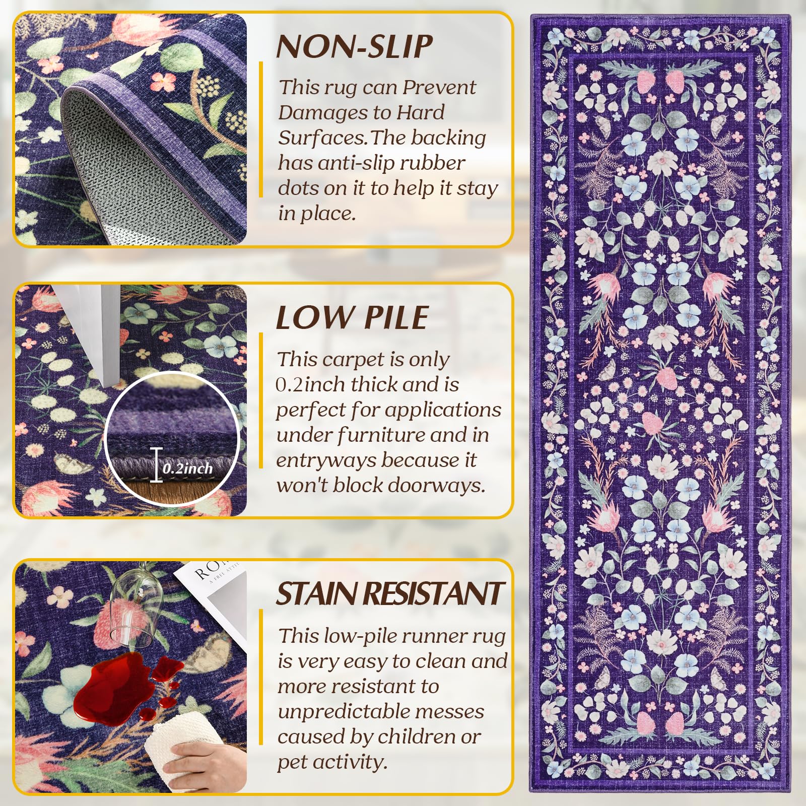 Rtizon Runner Rug; non-slip dot-grip backing keeps it secure on tile and wood.