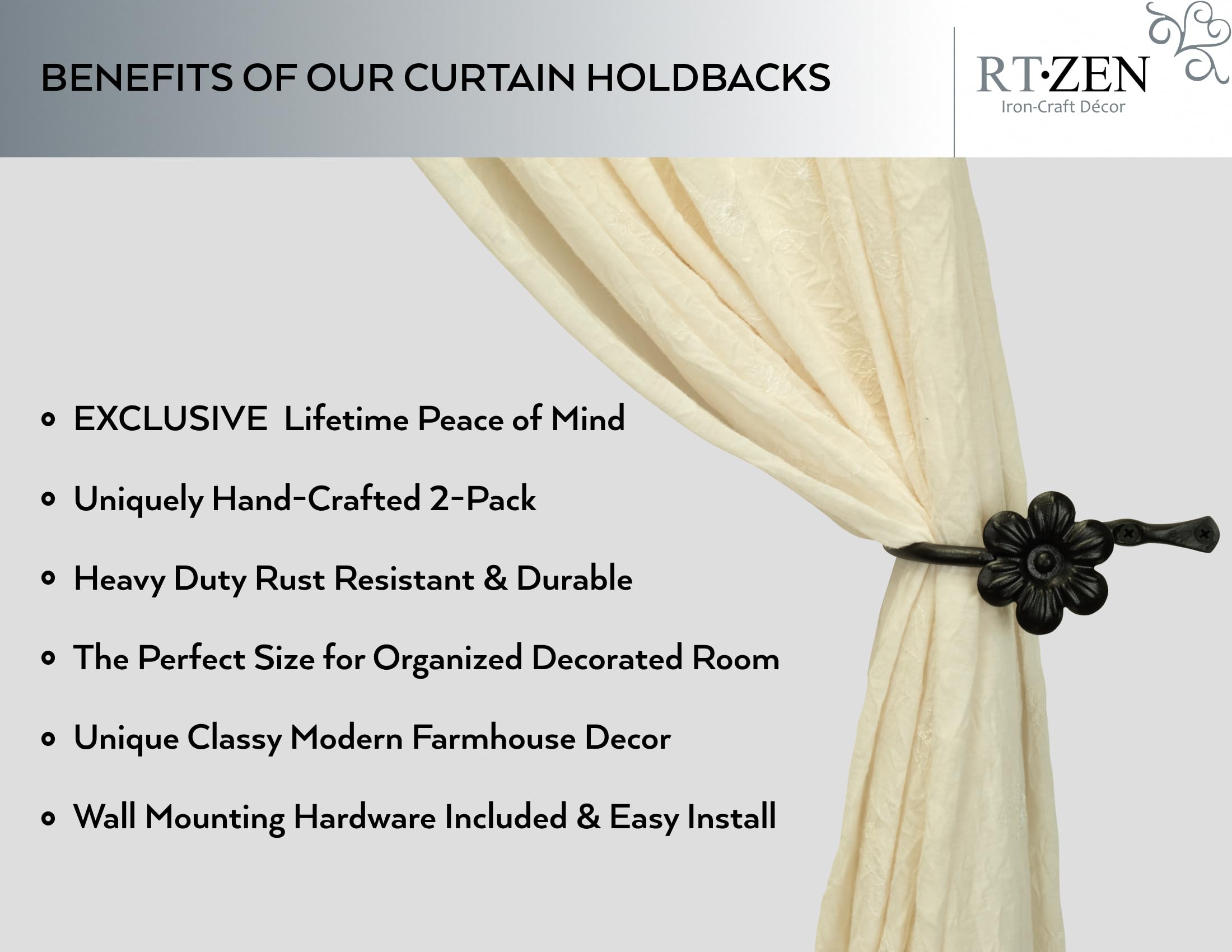 RTZEN decorative tiebacks with black flower motif for farmhouse style and wall mounting.