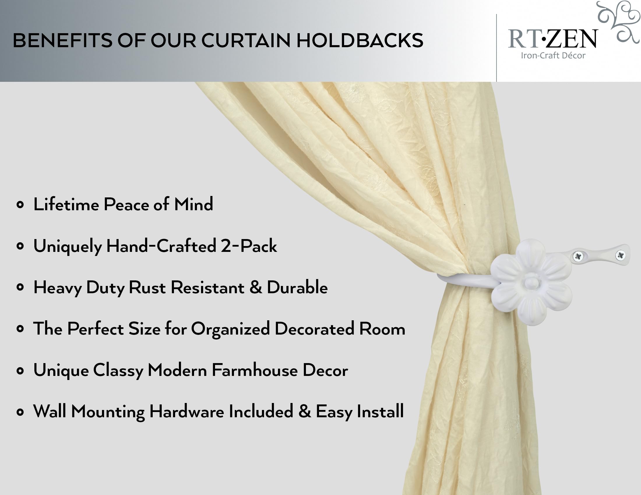 RTZEN farmhouse curtain holders wall-mount offer sturdy support for drapes.