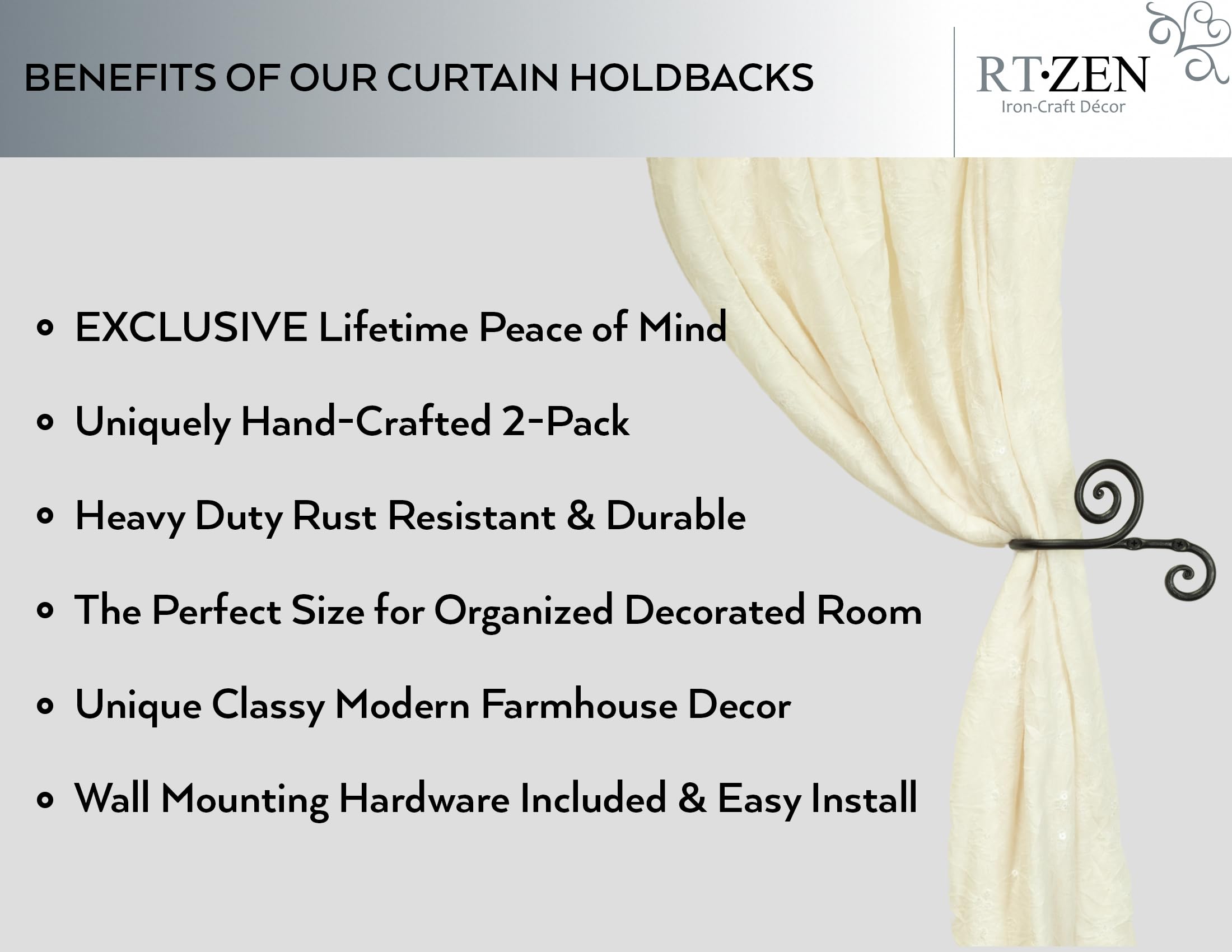 RTZEN farmhouse wrought iron curtain holdbacks add rustic charm to living room drapes.
