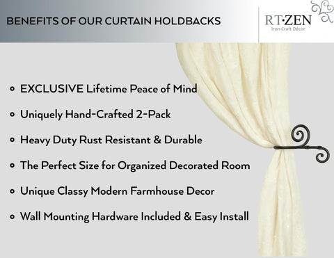 RTZEN farmhouse wrought iron curtain holdbacks add rustic charm to living room drapes.