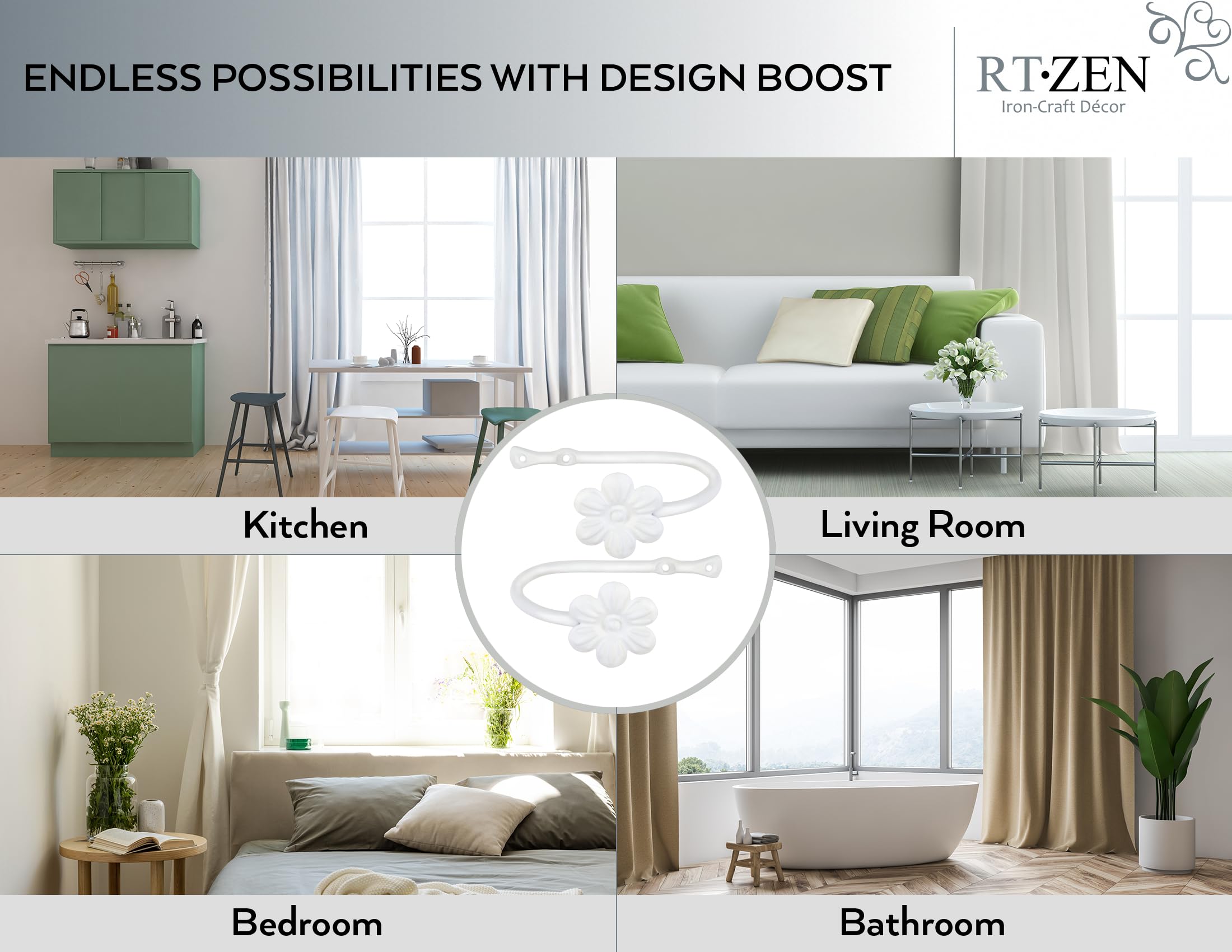 RTZEN heavy-duty drapery holder in brushed metal adds durable style.