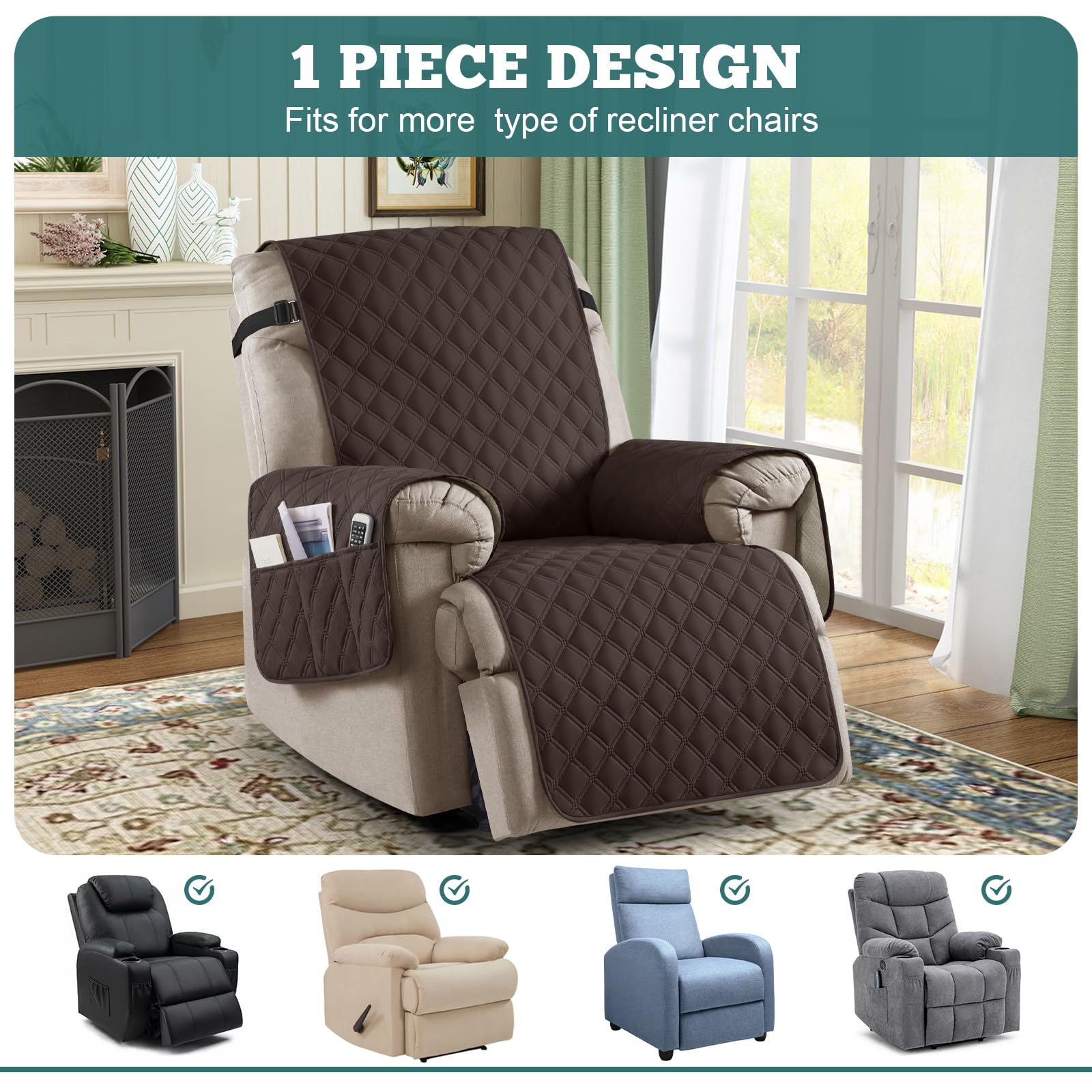 Ruaozz recliner cover back straps illustrate secure, slip-free fit.