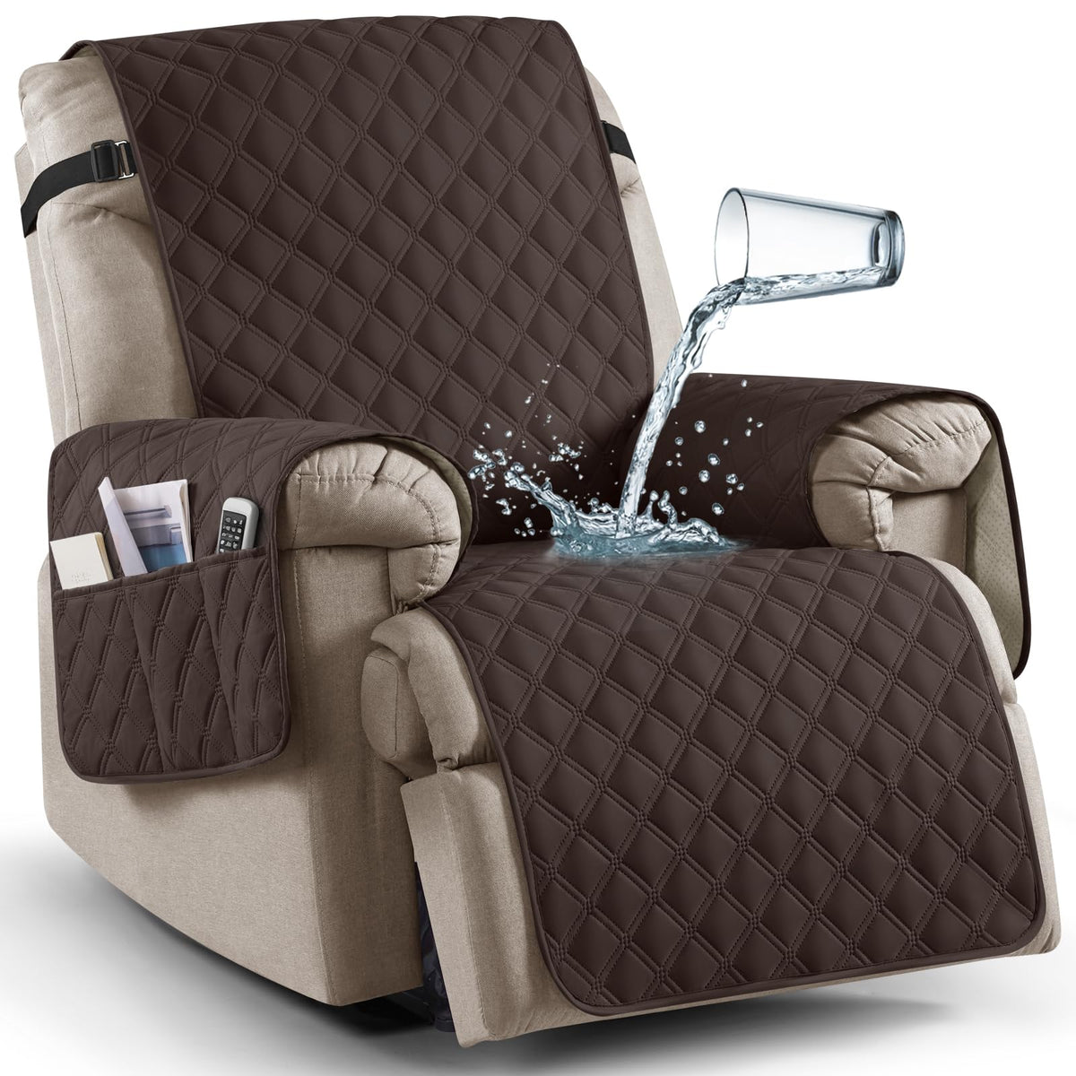 Ruaozz recliner cover front view with handy pockets for remote devices.