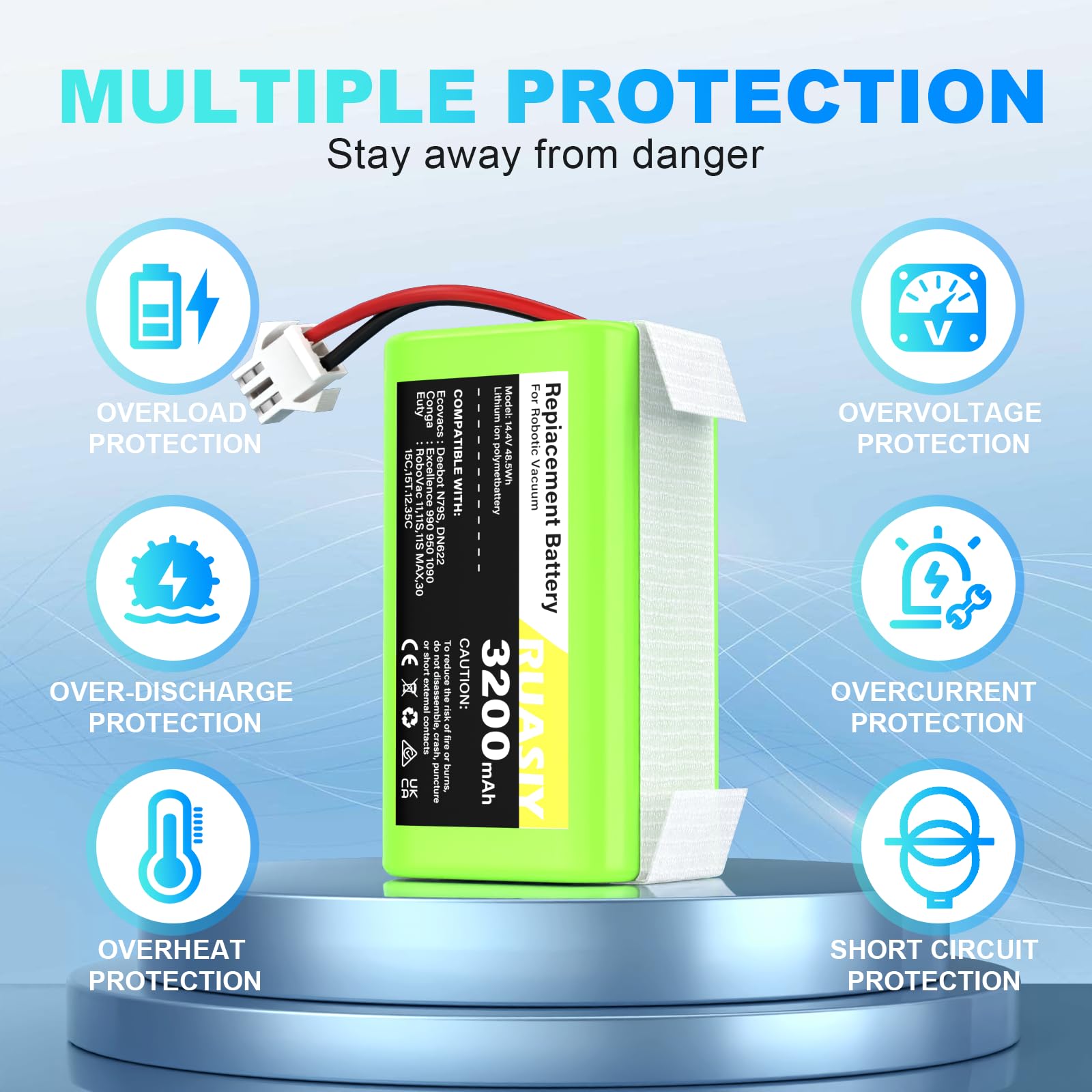 Ruasiy 14.4V 3200mAh battery delivers 120–180 minutes of cleaning